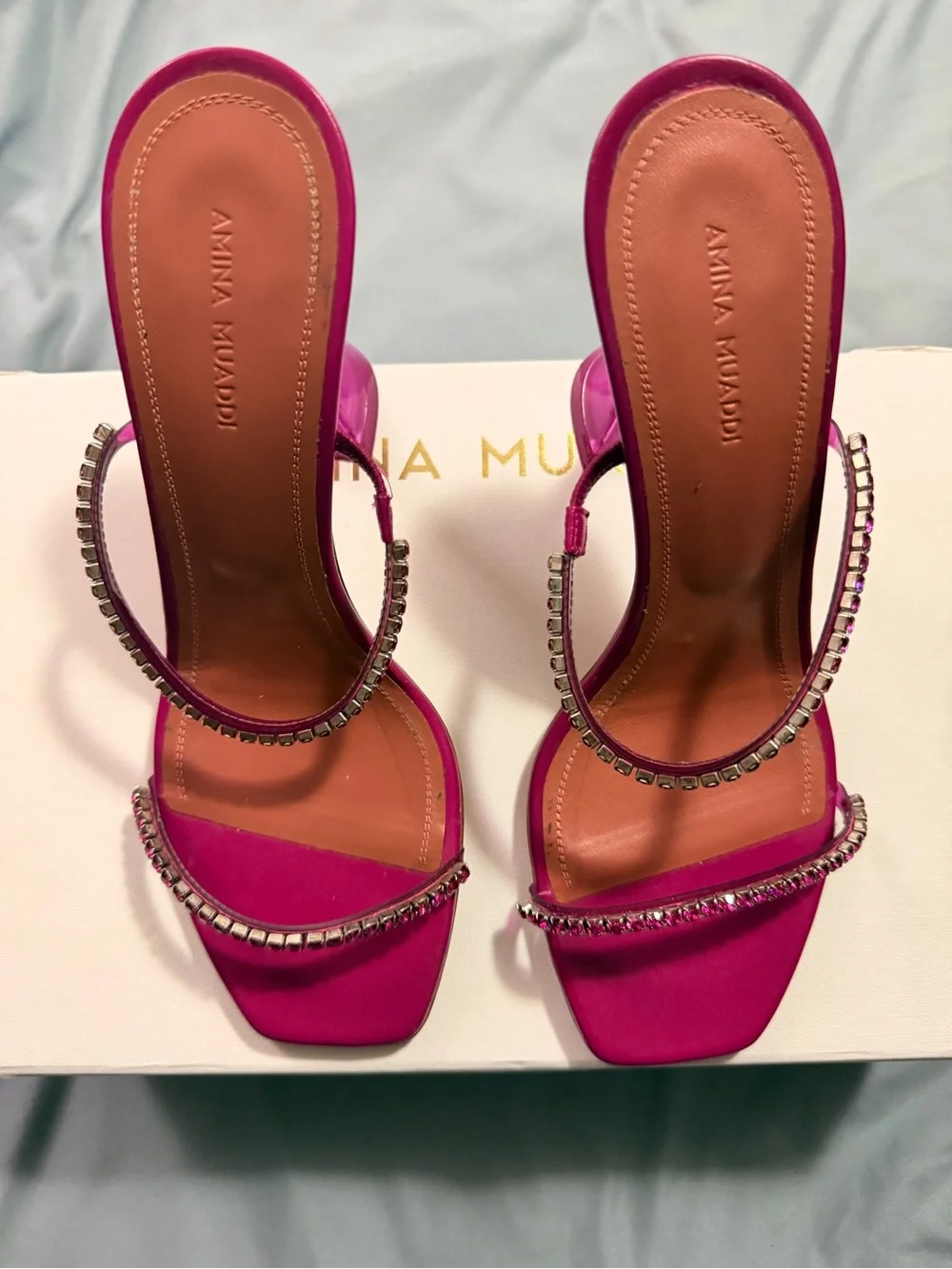 Amina Muaddi Gilda Glass Magenta Pink Heels